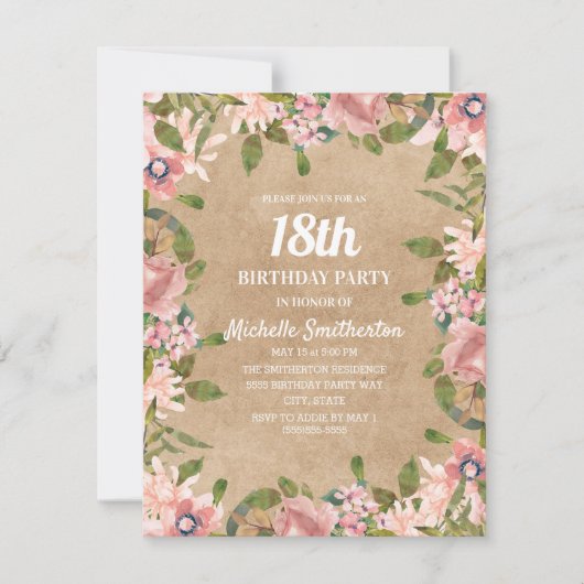 Rustic Kraft Pink Waterverf Floral 18e verjaardag Kaart (Voorkant)