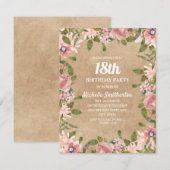 Rustic Kraft Pink Waterverf Floral 18e verjaardag Kaart (Voorkant / Achterkant)