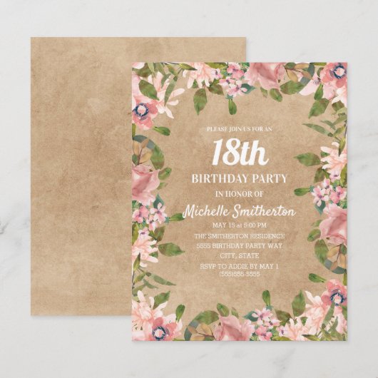 Rustic Kraft Pink Waterverf Floral 18e verjaardag Kaart (Voorkant / Achterkant)