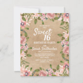 Rustic Kraft Pink Waterverf Floral Sweet 16 Kaart (Voorkant)