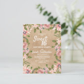 Rustic Kraft Pink Waterverf Floral Sweet 16 Kaart (Staand voorkant)