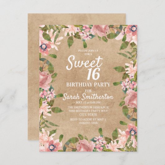 Rustic Kraft Pink Waterverf Floral Sweet 16 Kaart (Voorkant / Achterkant)