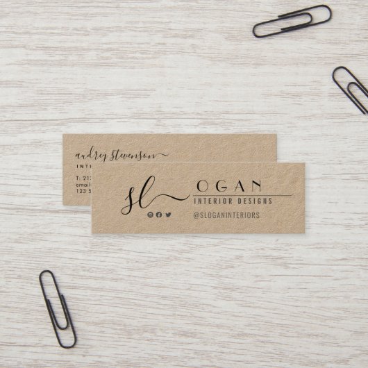Rustic Kraft Professional Chic Monogram zwart Mini Visitekaartje (Voorkant / Achterkant in situ)