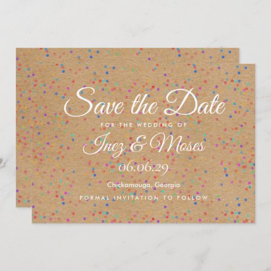 Rustic Kraft Rainbow Confetti Save the Date Kaart (Voorkant / Achterkant)