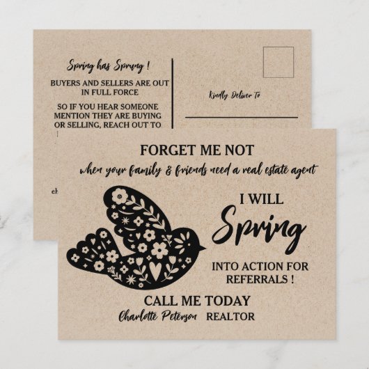 Rustic Kraft Real Estate Spring Referral Farming Briefkaart (Voorkant / Achterkant)