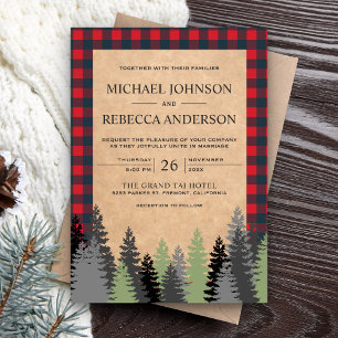 Rustic Kraft Red Buffalo Pset Evergreen Wedding Kaart