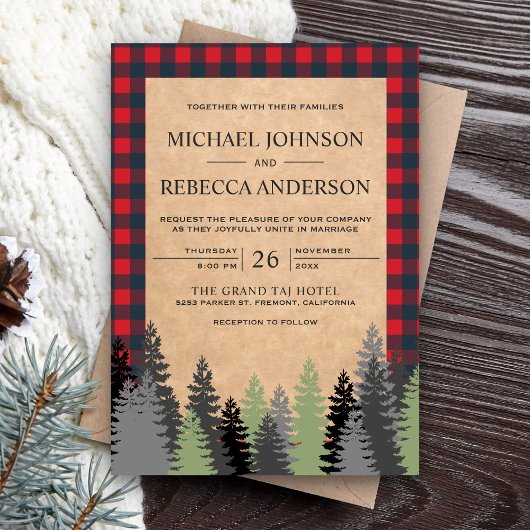 Rustic Kraft Red Buffalo Pset Evergreen Wedding Kaart