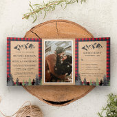 Rustic Kraft Red Buffalo Pset Mountain Wedding Drieluik Uitnodiging