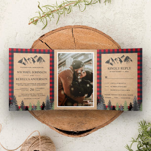 Rustic Kraft Red Buffalo Pset Mountain Wedding Drieluik Uitnodiging