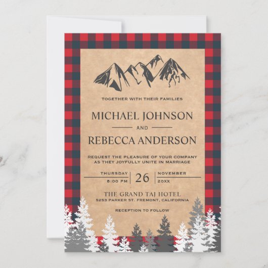 Rustic Kraft Red Buffalo Pset Mountain Wedding Kaart (Voorkant)
