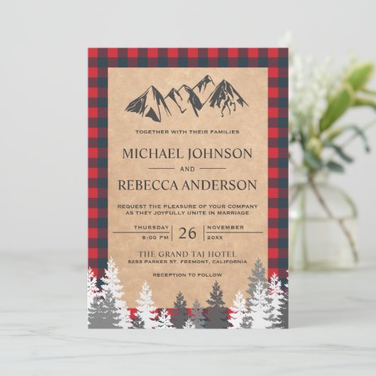 Rustic Kraft Red Buffalo Pset Mountain Wedding Kaart (Staand voorkant)