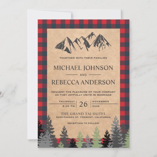 Rustic Kraft Red Buffalo Pset Mountain Wedding Kaart (Voorkant)