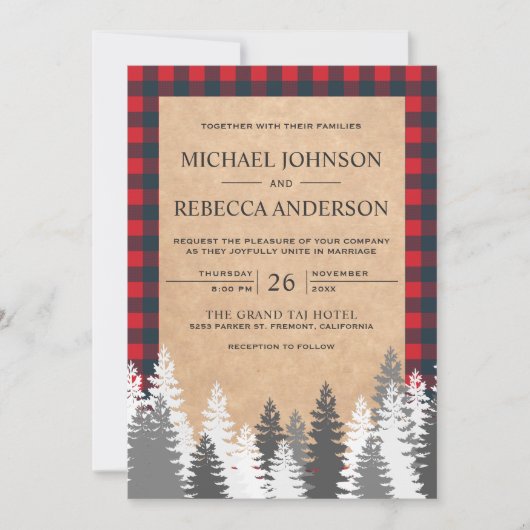 Rustic Kraft Red Buffalo Pset White Pine Wedding Kaart (Voorkant)