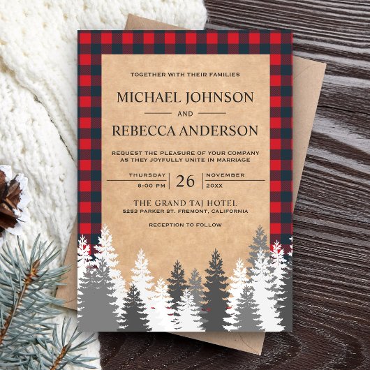 Rustic Kraft Red Buffalo Pset White Pine Wedding Kaart
