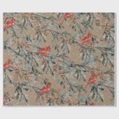 Rustic Kraft Red Cardinaal Juniper Branches Berrie Cadeaupapier (Vlak)