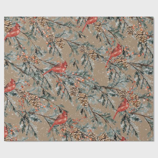 Rustic Kraft Red Cardinaal Juniper Branches Berrie Cadeaupapier (Vlak)