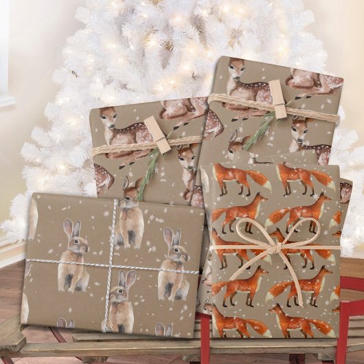 Rustic Kraft Red Fox Doe Hare & Snowflakes Inpakpapier Vel