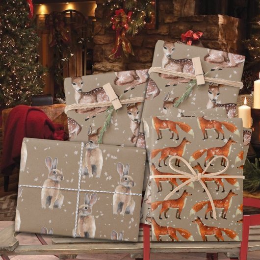 Rustic Kraft Red Fox Doe Hare & Snowflakes Inpakpapier Vel