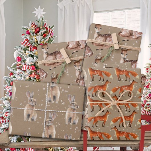 Rustic Kraft Red Fox Doe Hare & Snowflakes Inpakpapier Vel