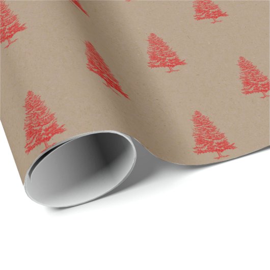 Rustic Kraft Red  gestempelde kerstbomen Cadeaupapier (Rol Hoek)