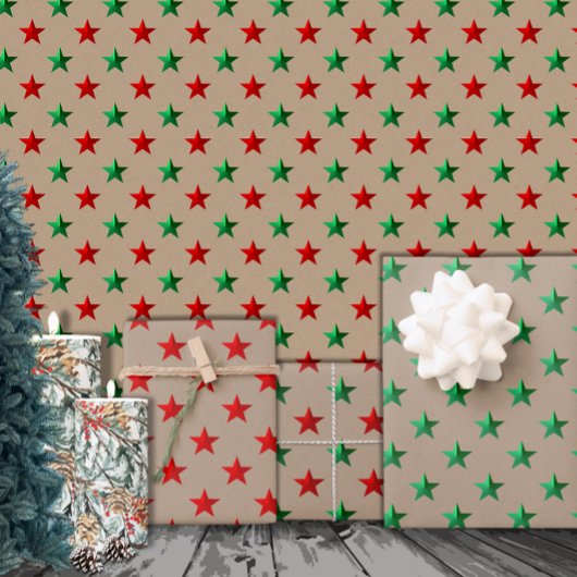Rustic Kraft Red Green Stars Kerstvakantie Inpakpapier Vel