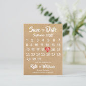 Rustic Kraft Red Heart Calendar Bewaar de datum Briefkaart (Staand voorkant)