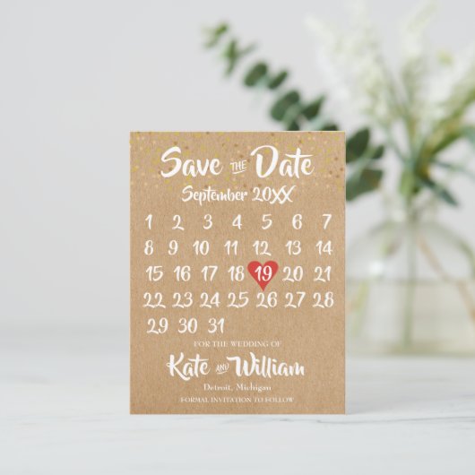 Rustic Kraft Red Heart Calendar Bewaar de datum Briefkaart (Staand voorkant)