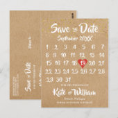 Rustic Kraft Red Heart Calendar Bewaar de datum Briefkaart (Voorkant / Achterkant)