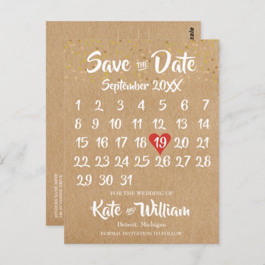 Rustic Kraft Red Heart Calendar Bewaar de datum Briefkaart (Voorkant / Achterkant)