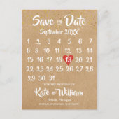 Rustic Kraft Red Heart Calendar Bewaar de datum Briefkaart (Voorkant)