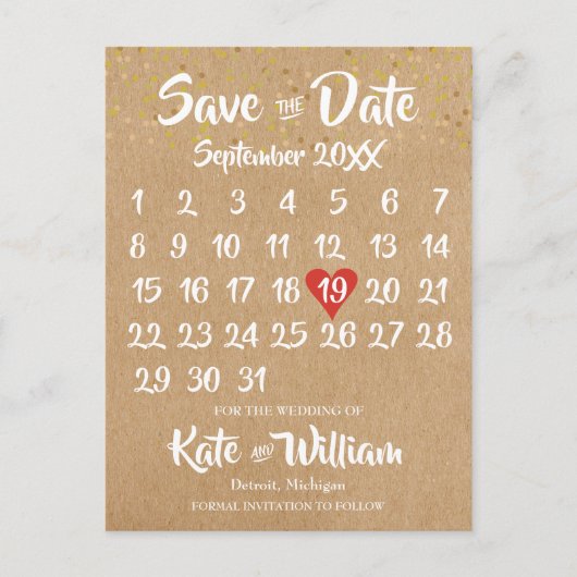 Rustic Kraft Red Heart Calendar Bewaar de datum Briefkaart (Voorkant)