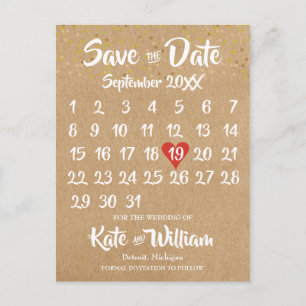 Rustic Kraft Red Heart Calendar Save the Date Briefkaart