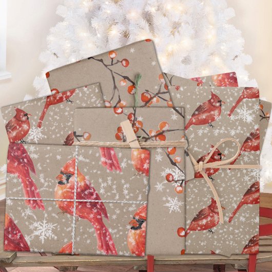 Rustic Kraft Red kardinaal vogels en Ilex Berries Inpakpapier Vel