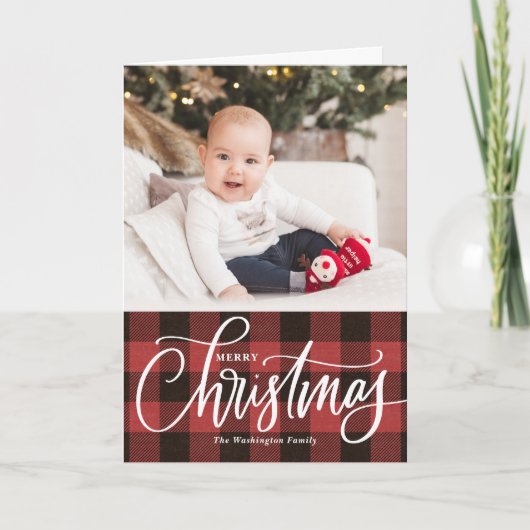 Rustic Kraft Red Plaid Vrolijke Kerstfoto Feestdagen Kaart (Voorkant)