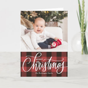 Rustic Kraft Red Plaid Vrolijke Kerstfoto Feestdagen Kaart
