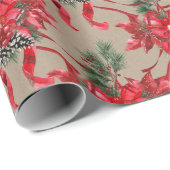 Rustic Kraft Red Poinsettias Ribbon Bows Lattice Cadeaupapier (Rol Hoek)