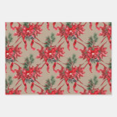 Rustic Kraft Red Poinsettias Ribbons Bows Lattice Inpakpapier Vel (Voorkant 3)