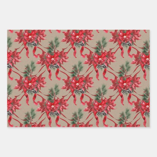 Rustic Kraft Red Poinsettias Ribbons Bows Lattice Inpakpapier Vel (Voorkant)