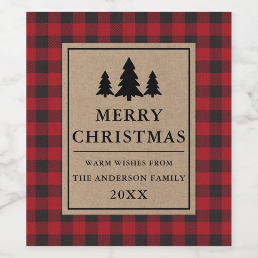 Rustic Kraft Red Pset Pines Merry Kerstmis Wijn Etiket (Enkel label)