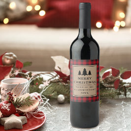 Rustic Kraft Red Pset Pines Merry Kerstmis Wijn Etiket