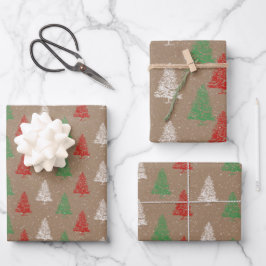 Rustic Kraft Red White Green Snowy kerstbomen Inpakpapier Vel