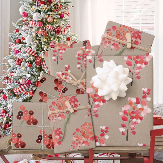 Rustic Kraft Red Winter Berries Inpakpapier Vel