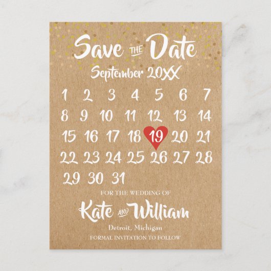 Rustic Kraft Rode Hart Kalender Bewaar de Datum Briefkaart (Voorkant)