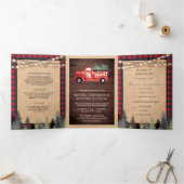 Rustic Kraft Rood kerstfeest bruiloft Drieluik Uitnodiging (Binnen)