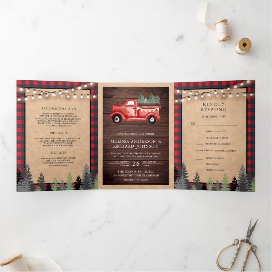 Rustic Kraft  Rood kerstfeest bruiloft Drieluik Uitnodiging (Binnen)