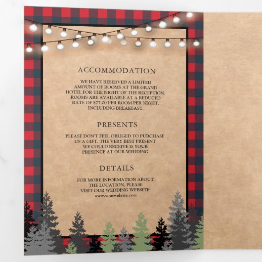 Rustic Kraft  Rood kerstfeest bruiloft Drieluik Uitnodiging (Binnenzijde eerst)