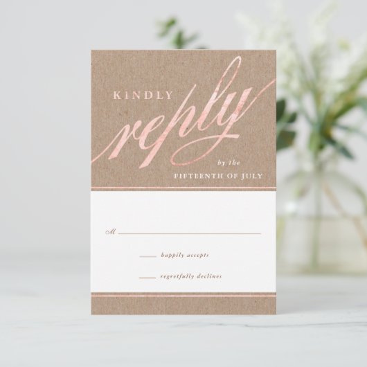 Rustic Kraft & Roos Gold Script Reply Kaarten RSVP Kaartje (Staand voorkant)