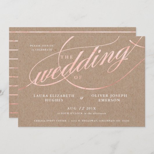 Rustic Kraft & Roos Gold Script Wedding Kaart (Voorkant / Achterkant)