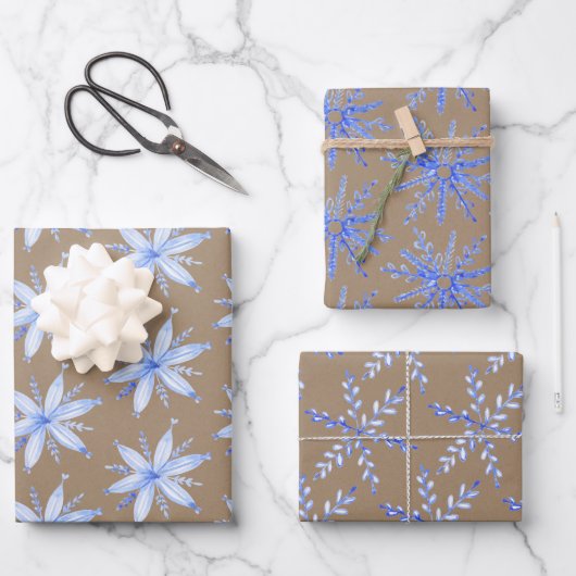 Rustic Kraft Scandinavian Blue Snowflakes Inpakpapier Vel (Voorkant)