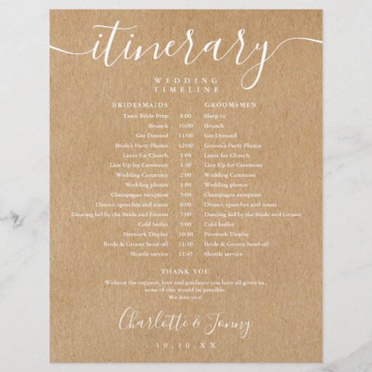 Rustic Kraft Schedule Wedding Itinerary Tijdlijn (Voorkant)